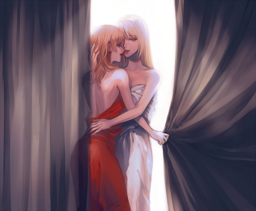 2girls, back, backless_dress, backless_outfit, bare_arms, bare_back, bare_shoulders, blonde_hair, blue_eyes, collarbone, couple, curtain_grab, curtains, dress, earrings, female_focus, half-closed_eyes, hand_in_another's_hair, hand_on_another's_back, hand_on_another's_head, hug, imminent_kiss, jewelry, kurosujuu, light_brown_hair, lips, lipstick, long_hair, looking_at_viewer, looking_back, luna_(sound_horizon), makeup, multiple_girls, neck, nein_(album), open_mouth, parted_lips, red_dress, short_hair, sleeveless, sleeveless_dress, smile, sound_horizon, standing, stella_(sound_horizon), strapless, strapless_dress, white_dress, yuri