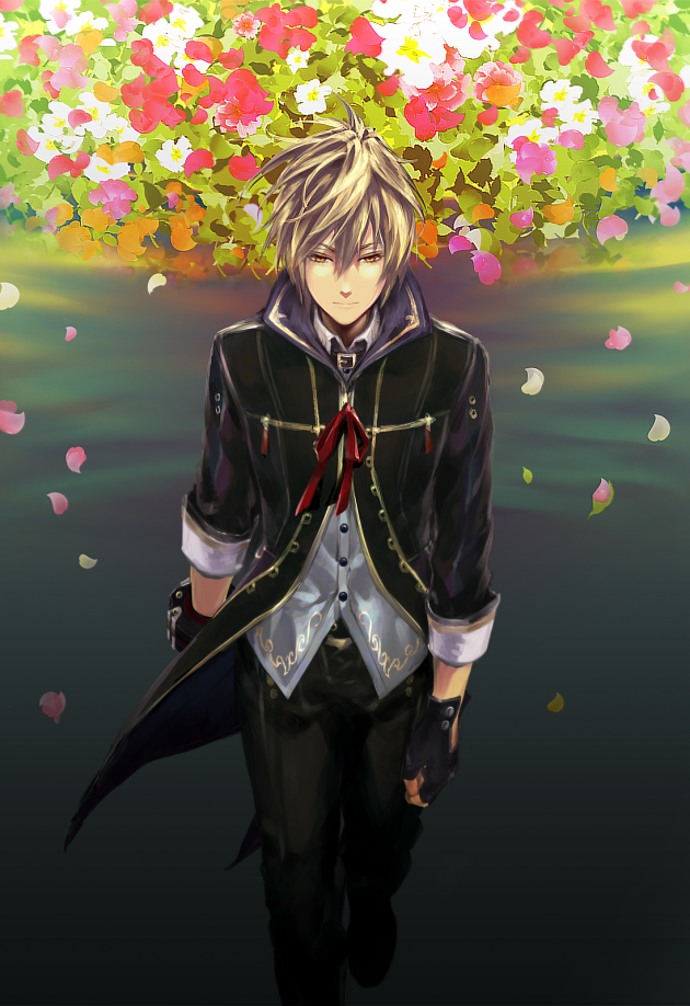 10s, 1boy, beko-atwks, blonde_hair, fingerless_gloves, flower, gloves, god_eater