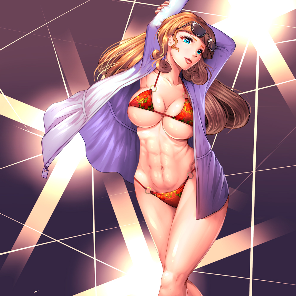 1girl, abs, amanogawa_stella, arms_up, bikini, blue_eyes, breasts, brown_hair, female_focus, glasses, go!_princess_precure, harihisa, long_hair, medium_breasts, navel, o-ring, o-ring_top, precure, red_bikini, solo, sunglasses, sunglasses_on_head, swimsuit, thighs