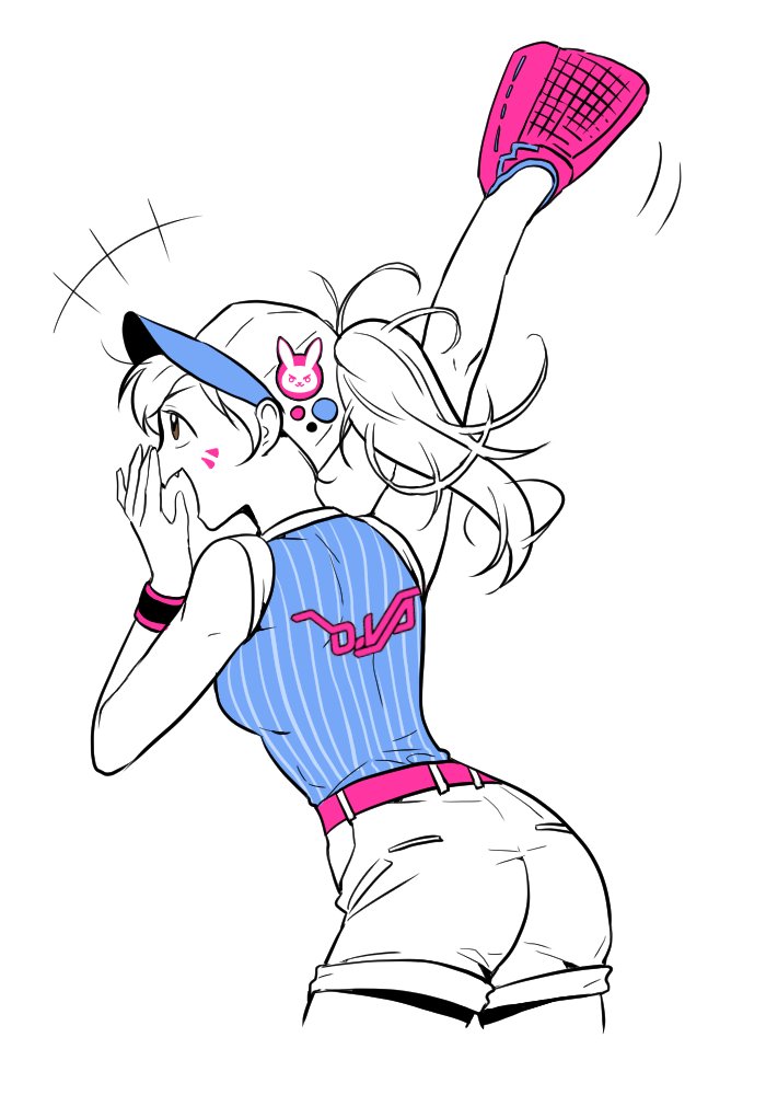 1girl, alternate_hairstyle, animal_print, arm_up, ass, baseball_cap, baseball_glove, baseball_uniform