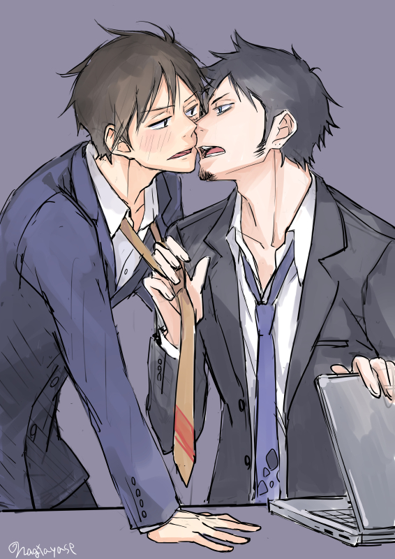 2boys, black_hair, blouse, blush, business_suit, clothes_grab, collared_shirt, facial_hair