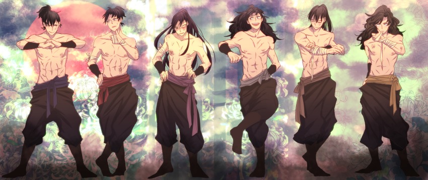 6+boys, abs, bandages, brown_hair, bruise, full_body, hands_on_own_hips, high_ponytail