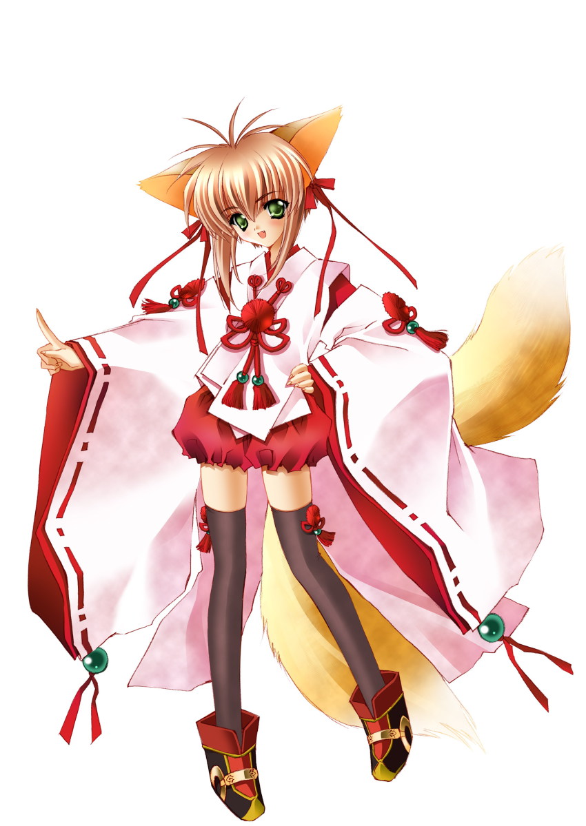 00s, 1girl, absurdres, animal_ears, carnelian, female_focus, fox_ears, green_eyes, highres, japanese_clothes, meirin_(yamibou), scan, short_hair, solo, tail, thighhighs, yami_to_boushi_to_hon_no_tabibito