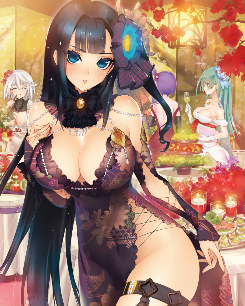 4girls, ^_^, aqua_eyes, aqua_hair, artist_request, bare_shoulders, black_gloves, black_hair, blue_eyes, blush, breasts, buffet, cleavage, closed_eyes, covered_navel, cowboy_shot, dengeki_moeoh, detached_sleeves, dress, elbow_gloves, glint, gloves, green_eyes, groin, hair_ornament, hand_on_own_chest, hattori_hanzou_(sengoku_bushouki_muramasa), highres, indoors, jewelry, large_breasts, long_hair, looking_at_viewer, multiple_girls, necklace, no_bra, no_panties, one_side_up, parted_lips, purple_hair, sengoku_bushouki_muramasa, side_ponytail, side_slit, silver_hair, smile, thigh_strap, tokugawa_ieyasu_(sengoku_bushouki_muramasa), very_long_hair, white_dress, white_gloves
