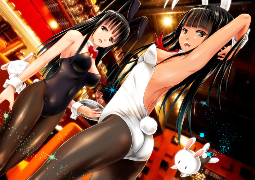 2girls, :d, animal_ears, ano_hito, arms_up, ass, black_hair, breasts
