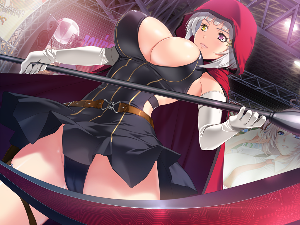 2girls, belt, black_dress, black_panties, blouse, blunt_bangs, breasts, cameltoe, cleavage, cloak, collared_shirt, cosplay, crotch_seam, dress, dutch_angle, elbow_gloves, game_cg, gloves, hair_ornament, hairclip, heterochromia, holding, holding_weapon, hood, hooded_cloak, huge_breasts, mochizuki_nozomu, multiple_girls, panties, pleated_dress, purple_eyes, red_cloak, saimin_class_wonderful, scythe, shirt, standing, tachibana_yukino, thigh_strap, thighs, underwear, weapon, white_shirt, yellow_eyes