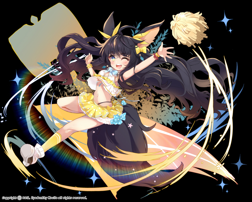 1girl, animal_ears, arm_up, bad_id, bad_pixiv_id, black_hair, blue_eyes, cheerleader