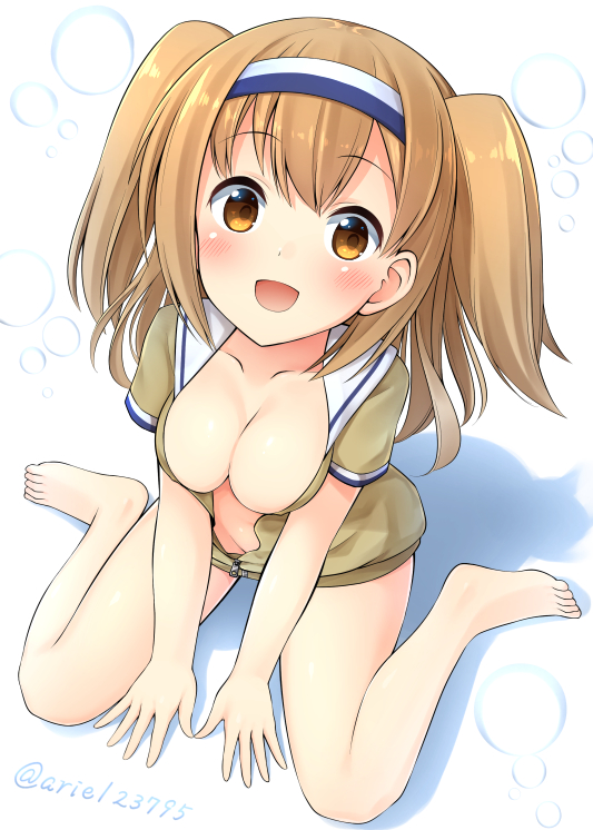 10s, 1girl, ariel23795, arm_support, barefoot, blush, breasts, center_opening, cleavage, coat, female_focus, from_above, hairband, i-26_(kancolle), kantai_collection, light_brown_hair, long_hair, looking_up, multicolored_hairband, naked_coat, open_clothes, open_mouth, school_swimsuit, shiny_skin, sitting, smile, solo, swimsuit, swimsuit_under_clothes, two-tone_hairband, two_side_up, unzipped, wariza, zipper
