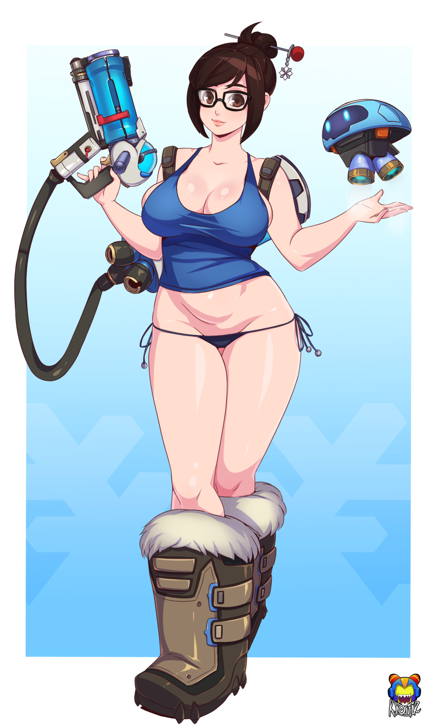 1girl, absurdres, artist_name, beads, black-framed_eyewear, blue_panties, boots, breasts