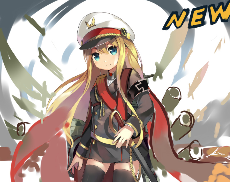 1girl, black_thighhighs, blonde_hair, blue_eyes, blush, deutschland_(warship_girls_r), female_focus, hat