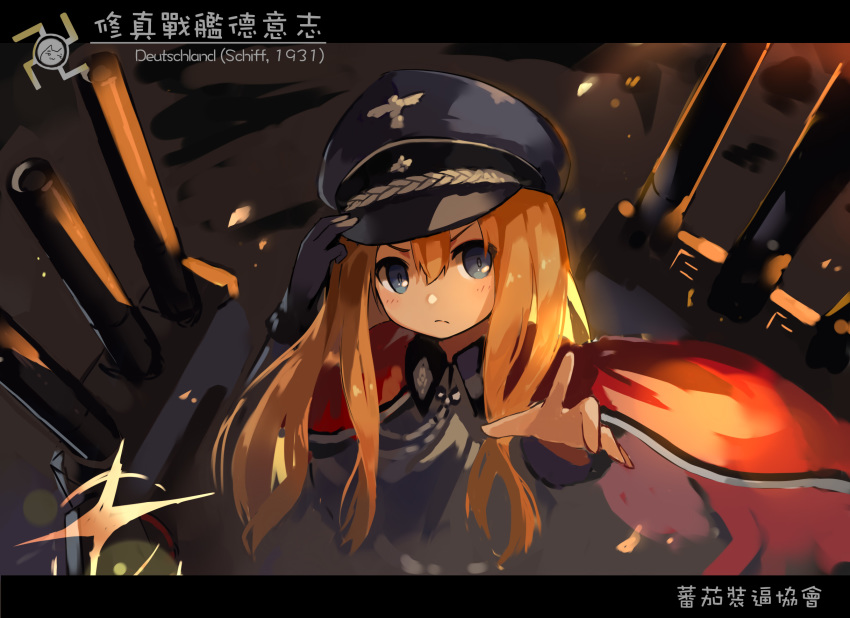 1girl, blonde_hair, blue_eyes, character_name, deutschland_(warship_girls_r), female_focus, hat, highres