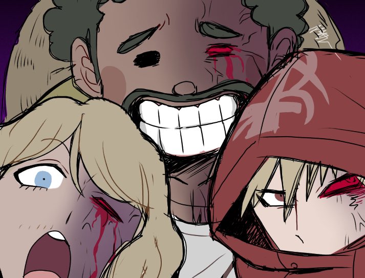 10s, 3boys, afro, bandai_daisaku, beard, black_hair, bleeding, blonde_hair, blood, bloody_tears, blue_eyes, blush, blush_stickers, danganronpa_(series), danganronpa_3_(anime), dark_skin, dark-skinned_male, facial_hair, hood, izayoi_sonosuke, kizakura_koichi, kotori_photobomb, male_focus, mikkii_(tales329), multiple_boys, mustache, purple_background, red_eyes, simple_background, smile, solid_circle_eyes, spoilers