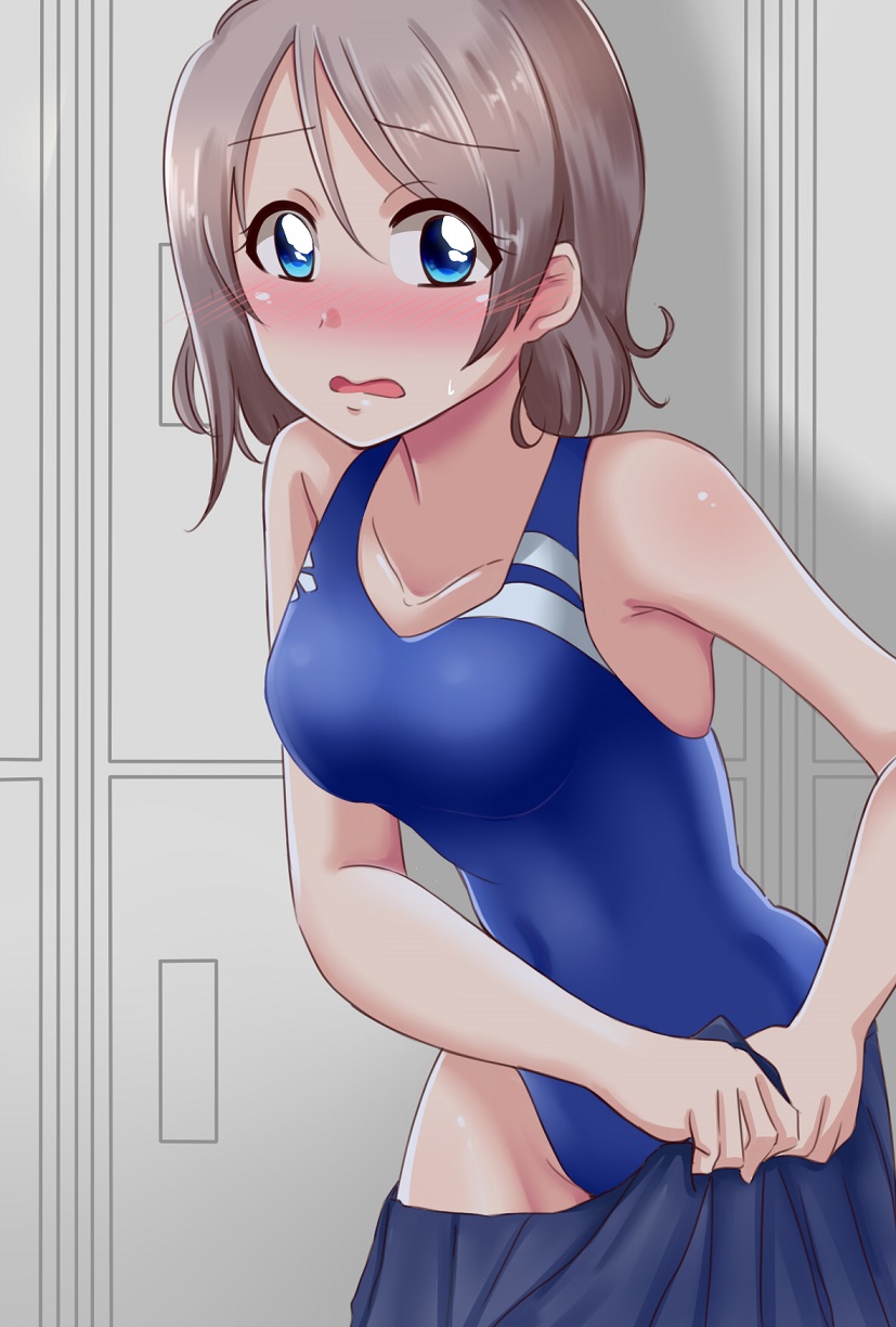 10s, 1girl, bad_id, bad_pixiv_id, blue_eyes, blue_one-piece_swimsuit, blush, breasts