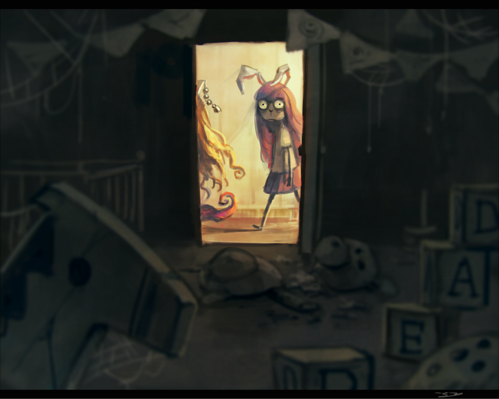 2girls, alphabet_blocks, animal_ears, blonde_hair, broken, rabbit_ears, commentary_request, crib