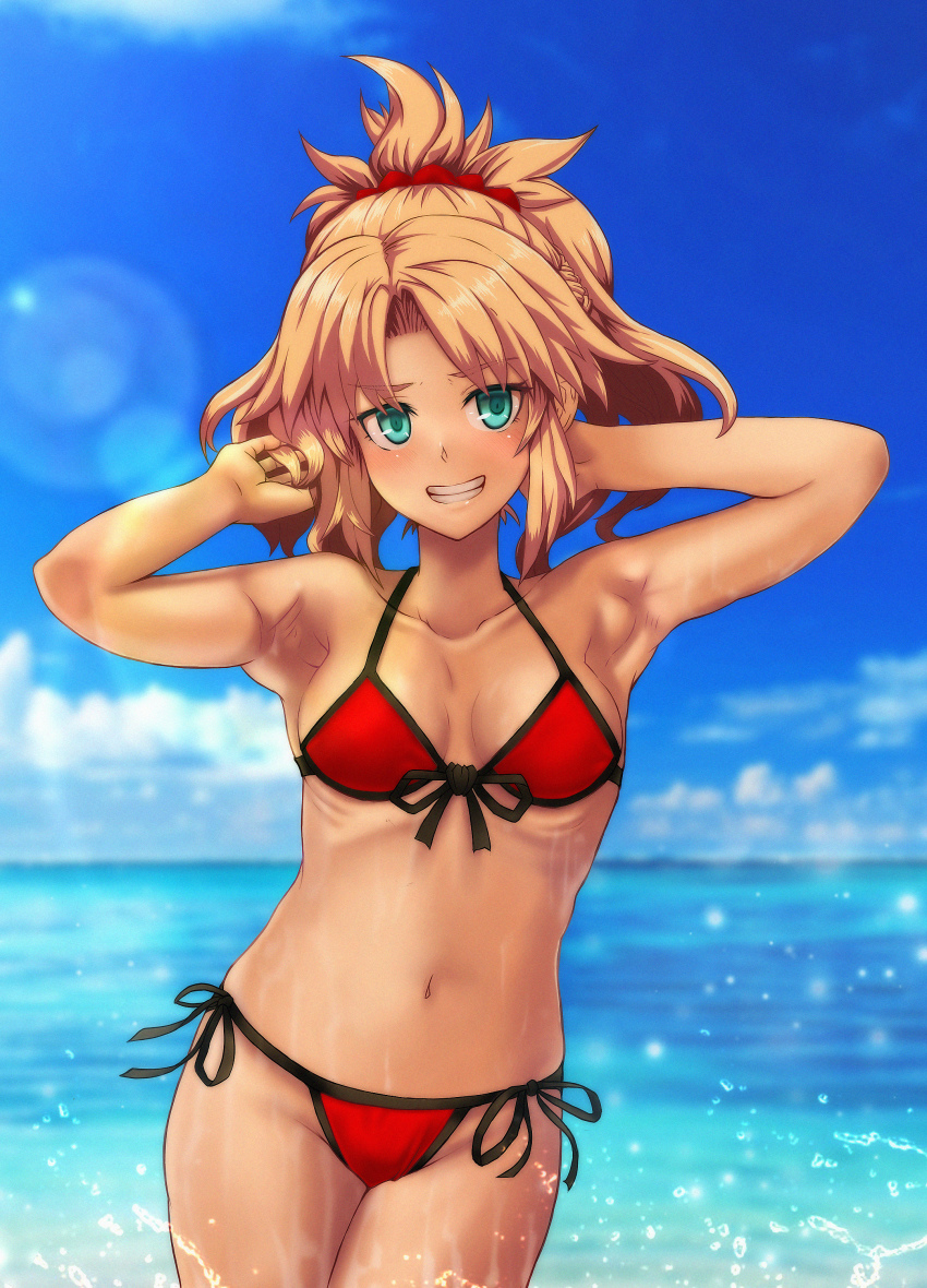 1girl, absurdres, bikini, blonde_hair, fate/apocrypha, fate/grand_order, fate_(series), green_eyes, grin, highres, liangmian, long_hair, mordred_(fate), mordred_(fate/apocrypha), ocean, ponytail, red_bikini, smile, swimsuit, water
