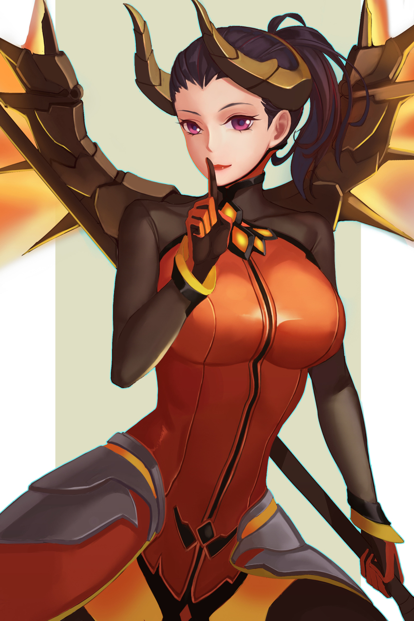 1girl, armor, black_hair, bodysuit, breasts, cowboy_shot, dark_persona, demon_horns, devil_mercy, facial_mark, faulds, female_focus, finger_to_mouth, forehead_mark, gaoyang_ou_nisang, gloves, green_background, high_collar, highres, holding, holding_staff, horns, index_finger_raised, large_breasts, light_smile, lips, lipstick, looking_at_viewer, makeup, mechanical_wings, mercy_(overwatch), official_alternate_costume, olive_background, orange_wings, outline, overwatch, overwatch_1, ponytail, purple_eyes, red_lips, shushing, solo, spread_wings, staff, striped_background, two-tone_background, upper_body, vertical_stripes, white_background, wings