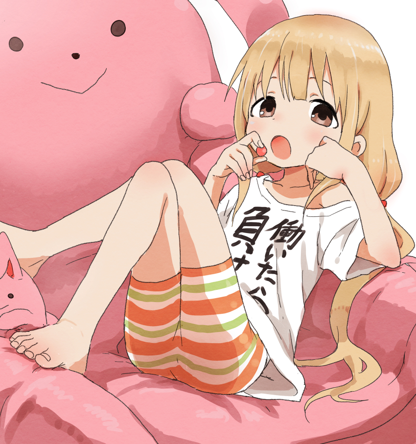 10s, 1girl, barefoot, bean_bag_chair, blonde_hair, brown_eyes, candy, chair