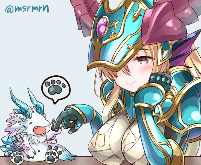 1girl, animal_hands, armor, bad_id, bad_pixiv_id, black_eyes, blonde_hair, blue_sonia_(p&amp;d), blush, chibi, dragon, fang, hair_over_one_eye, helmet, ilsix, meopun_(meopen429), puzzle_&amp;_dragons, smile, sonia_(p&amp;d), twitter_username