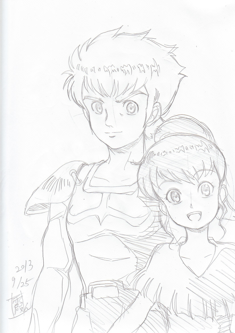 1boy, 1girl, artist_request, chururu, jordy_vorder, kikou-kai_galient, monochrome, sketch