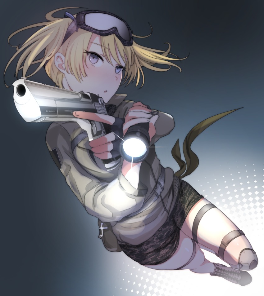 10s, 1girl, battle_girl_high_school, blonde_hair, blue_eyes, boots, camouflage, desert_eagle