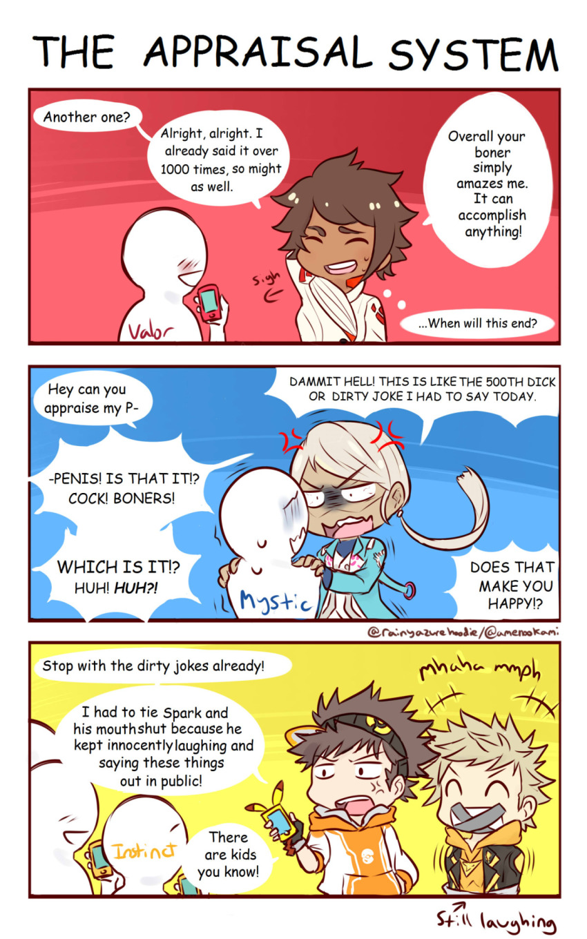 10s, 2boys, 2girls, 3koma, anger_vein, angry, blanche_(pokemon), candela_(pokemon), cellphone, comic, commentary, crowd, english_text, gameplay_mechanics, highres, laughing, male_protagonist_(pokemon_go), multiple_boys, multiple_girls, phone, pokemon, pokemon_go, profanity, rainyazurehoodie, smartphone, spark_(pokemon), sweatdrop, twitter_username