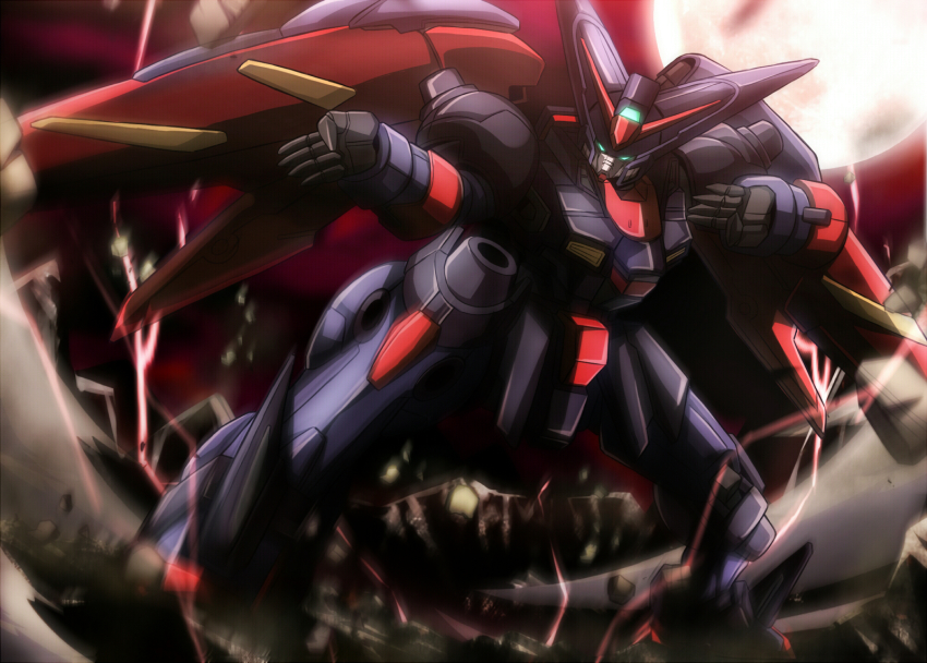 aqua_eyes, asumakobayashi, fighting_stance, full_moon, g_gundam, glowing, glowing_eyes, gundam