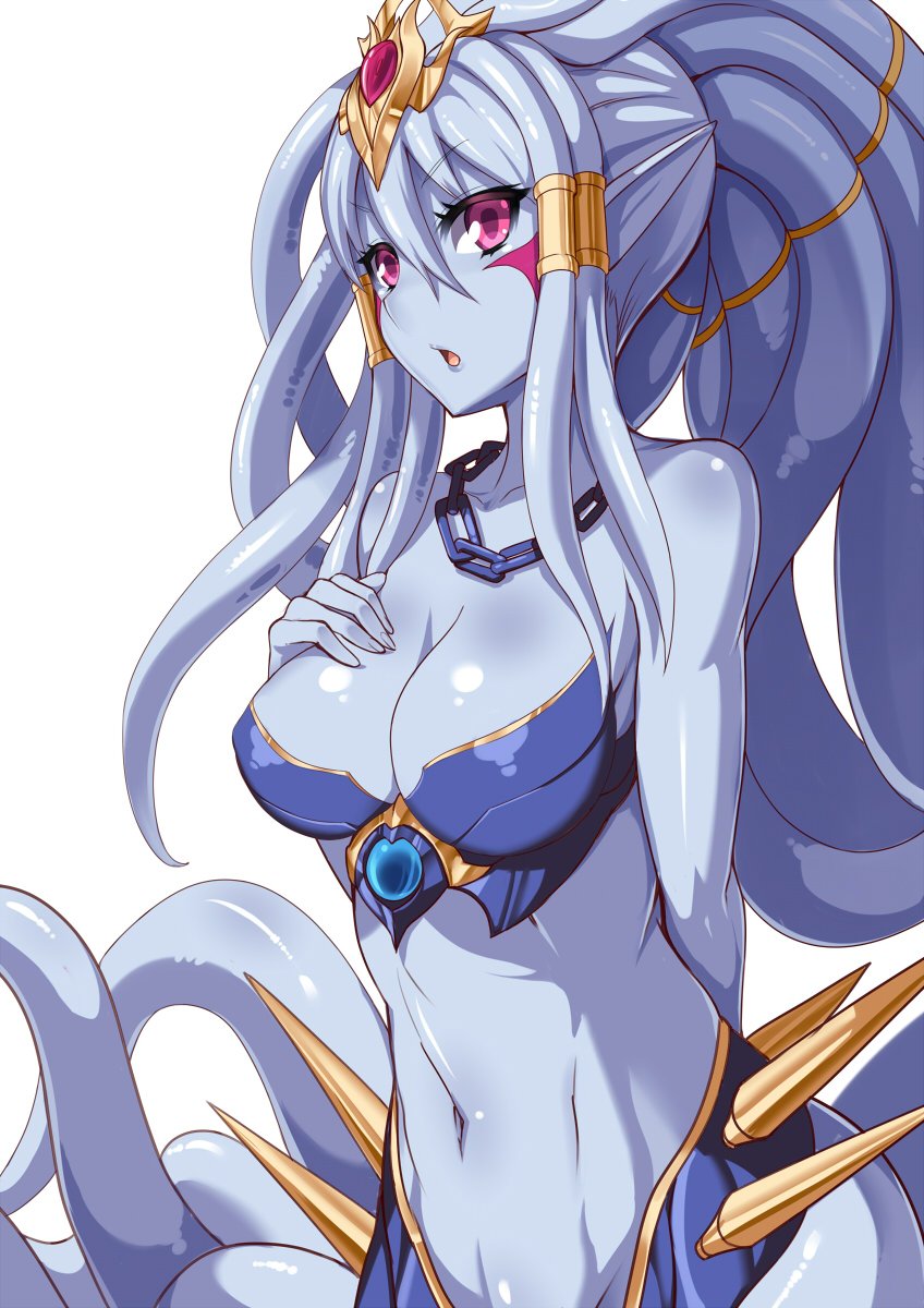 1girl, bad_id, bad_twitter_id, blue_skin, breasts, colored_skin, female_focus, genderswap, genderswap_(mtf), hand_on_breast, highres, kraken_(p&amp;d), long_hair, monster_girl, navel, pink_eyes, pointy_ears, puuzaki_puuna, puzzle_&amp;_dragons, simple_background, solo, tentacle_hair, upper_body, white_background