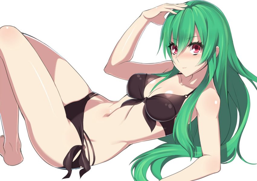 1girl, athena_(p&amp;d), bad_id, bad_twitter_id, bikini, black_bikini, blush, breasts, female_focus, green_hair, long_hair, looking_at_viewer, puuzaki_puuna, puzzle_&amp;_dragons, red_eyes, side-tie_bikini_bottom, simple_background, smile, solo, swimsuit, white_background