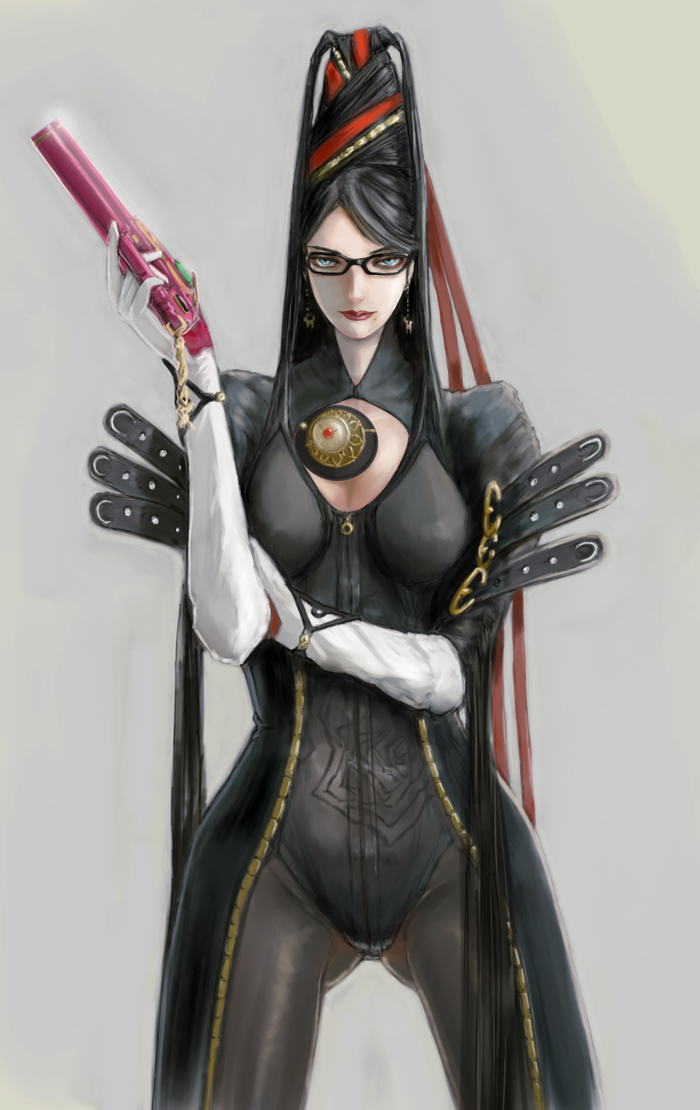 1girl, a_ichiro, bayonetta, bayonetta_(series), beehive_hairdo, black_hair, earrings, glasses