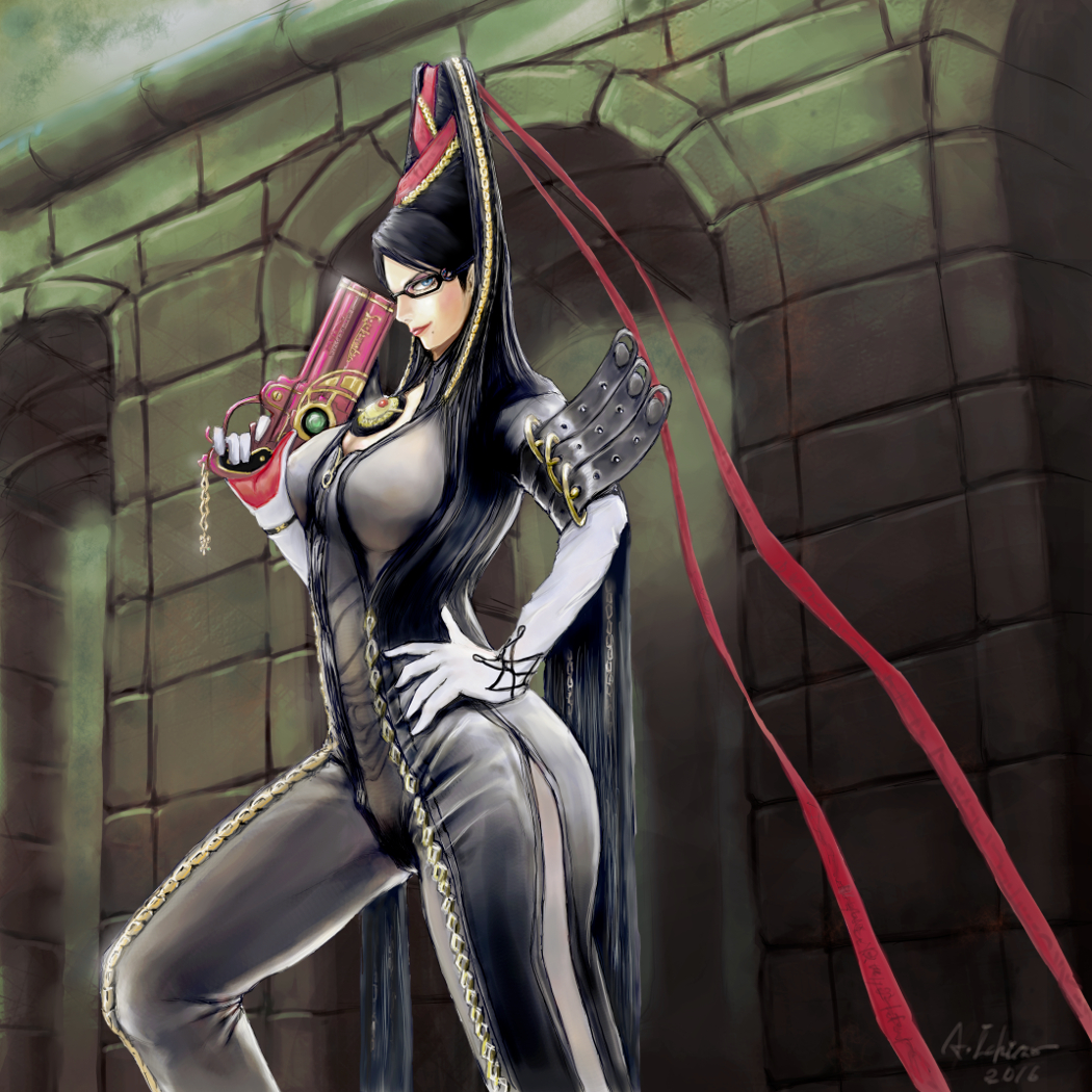 1girl, a_ichiro, bayonetta, bayonetta_(series), beehive_hairdo, black_hair, chain, glasses