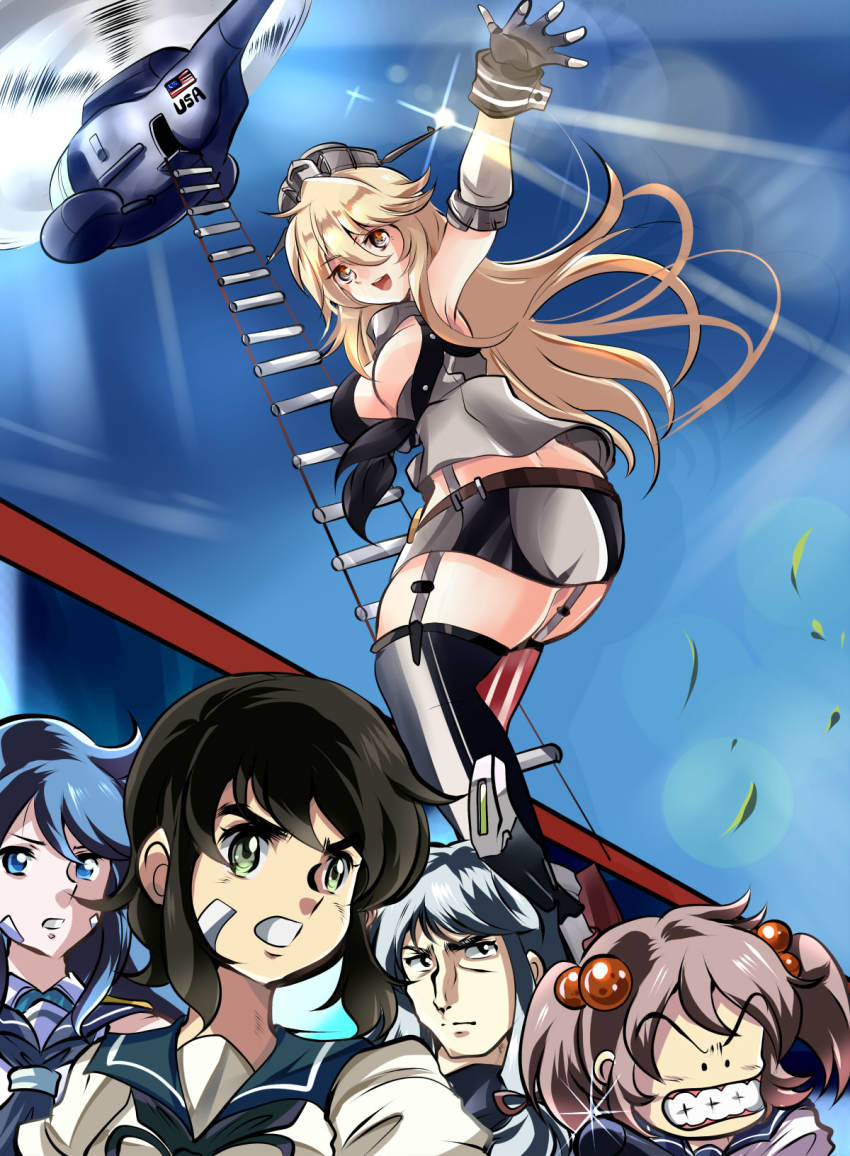 5girls, :d, aircraft, armpits, bandaid, bandaid_on_face, black_hair, blonde_hair