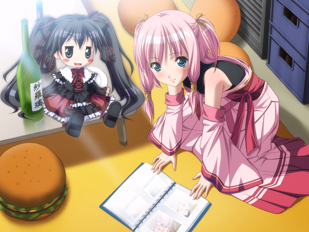 1girl, blue_eyes, book, clothes, female_focus, game_cg, goth-loli, hime_to_majin_to_koi_suru_tamashii_(game), pink_hair, solo, twintails