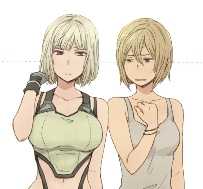 2girls, bare_shoulders, blonde_hair, breast_envy, breasts, collarbone, gloves, irina_akulov, large_breasts, multiple_girls, murderess, navel, nintendo, purple_eyes, short_hair, tank_top, upper_body, white_hair, xenoblade_chronicles_(series), xenoblade_chronicles_x, yellow_eyes, yoshiichi_(441)