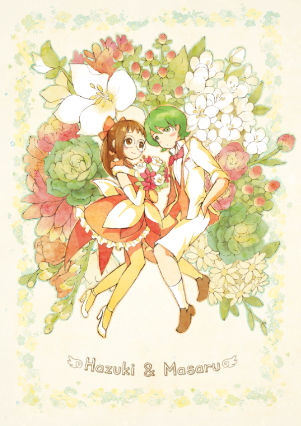 blush, bouquet, brown_hair, character_name, couple, flower, fujiwara_hazuki, glasses