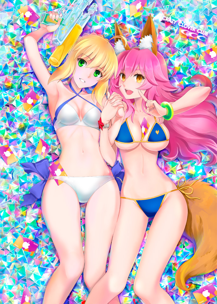 10s, 2girls, animal_ears, apple_inc., armpits, arms_up, artoria_pendragon_(fate), artoria_pendragon_(swimsuit_archer)_(fate)