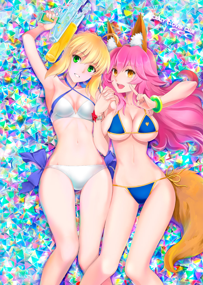 10s, 2girls, animal_ears, armpits, arms_up, artoria_pendragon_(fate), artoria_pendragon_(swimsuit_archer)_(fate), artoria_pendragon_(swimsuit_archer)_(first_ascension)_(fate)