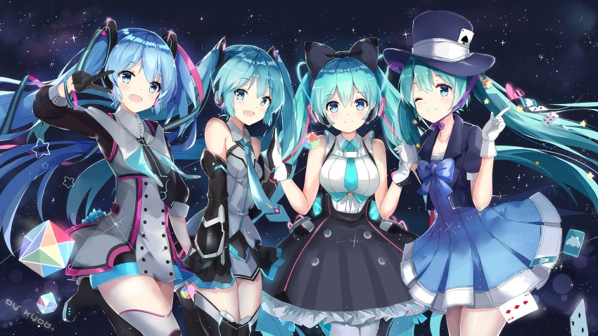 4girls, aqua_eyes, aqua_hair, artist_name, asahi_kuroi, blue_eyes, blue_hair, detached_sleeves