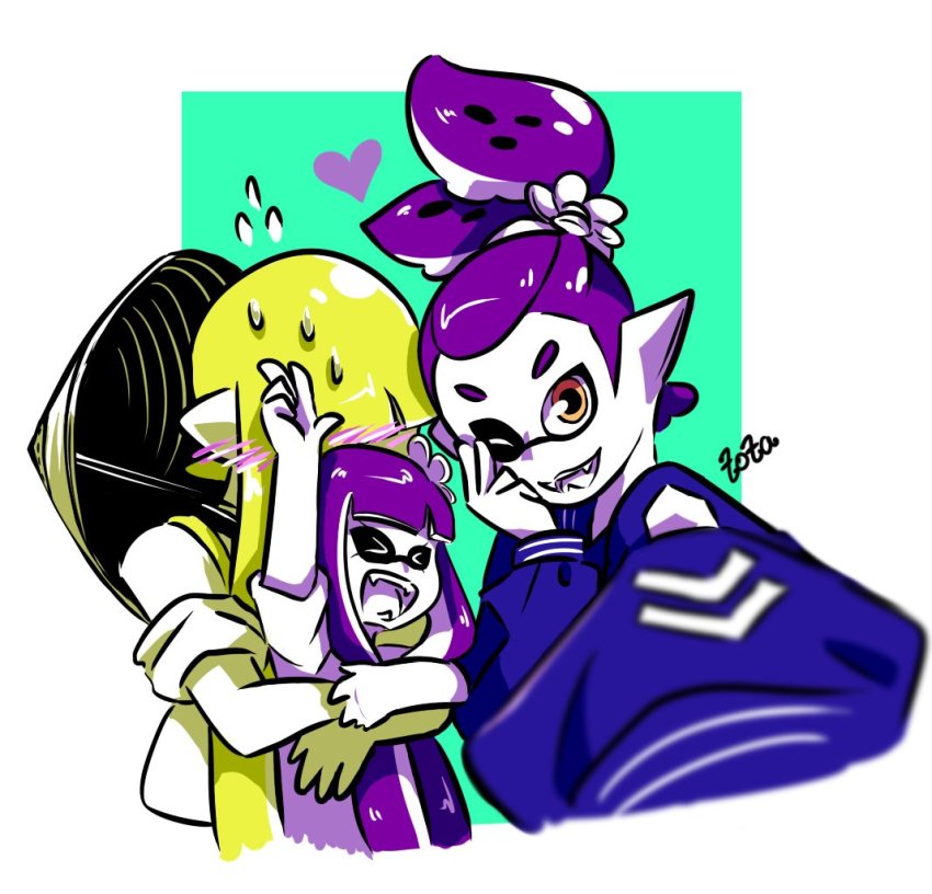 1boy, 2girls, ajirogasa, arms_up, artist_name, beauty_(zoza), blonde_hair, blunt_bangs