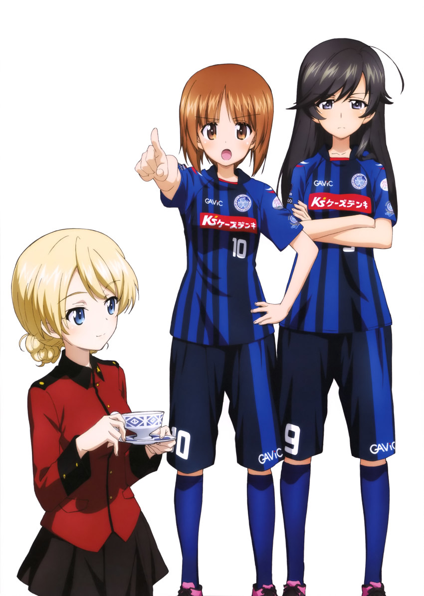 10s, 3girls, absurdres, black_eyes, black_hair, black_skirt, blonde_hair, blue_eyes, blue_legwear, braid, brown_eyes, crossed_arms, cup, darjeeling_(girls_und_panzer), eyebrows, girls_und_panzer, gym_uniform, hand_on_own_hip, highres, index_finger_raised, isuzu_hana, j._league, jacket, kneehighs, long_hair, looking_at_viewer, military_jacket, mito_hollyhock, multiple_girls, nishizumi_miho, official_art, pleated_skirt, red_shirt, saucer, shirt, short_hair, shorts, simple_background, skirt, smile, soccer, soccer_uniform, socks, sportswear, teacup, white_background