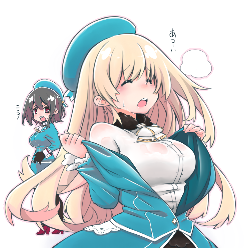 10s, 2girls, ascot, atago_(kancolle), beret, black_gloves, black_hair, black_legwear, blonde_hair, breasts, closed_eyes, gloves, hat, high_heels, hot, jacket, kantai_collection, large_breasts, long_hair, military, military_uniform, multiple_girls, open_clothes, open_jacket, red_eyes, rikuo_(whace), shirt, short_hair, sweatdrop, takao_(kancolle), thighhighs, white_shirt