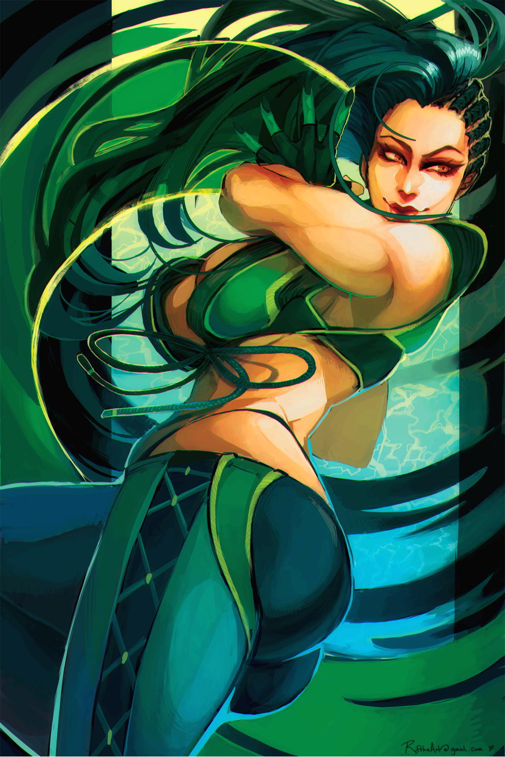 1girl, ass, asymmetrical_hair, black_hair, breasts, brown_eyes, capcom, cleavage, dark-skinned_female, dark_skin, female_focus, front-tie_top, highres, large_breasts, laura_matsuda, lips, long_hair, midriff, red_eyes, riftka, smile, solo, street_fighter, street_fighter_v, wavy_hair