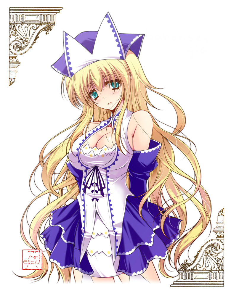 1girl, arms_behind_back, bare_shoulders, blonde_hair, blush, bow, breasts, camilla_(sennen_sensou_aigis), cleavage, danshaku, female_focus, green_eyes, large_breasts, long_hair, looking_at_viewer, looking_to_the_side, open_mouth, sennen_sensou_aigis, smile, solo, standing, thighhighs, very_long_hair