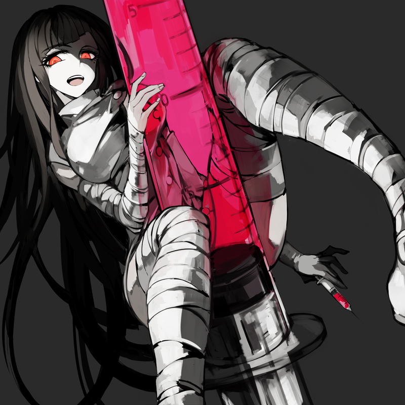 10s, 1girl, bandages, black_hair, breasts, danganronpa_(series), danganronpa_3_(anime), female_focus, long_hair, mole, mole_under_eye, monochrome, nurse, open_mouth, red_eyes, simple_background, smile, solo, spoilers, spot_color, danganronpa_2:_goodbye_despair, syringe, tsumiki_mikan, very_long_hair, zmore