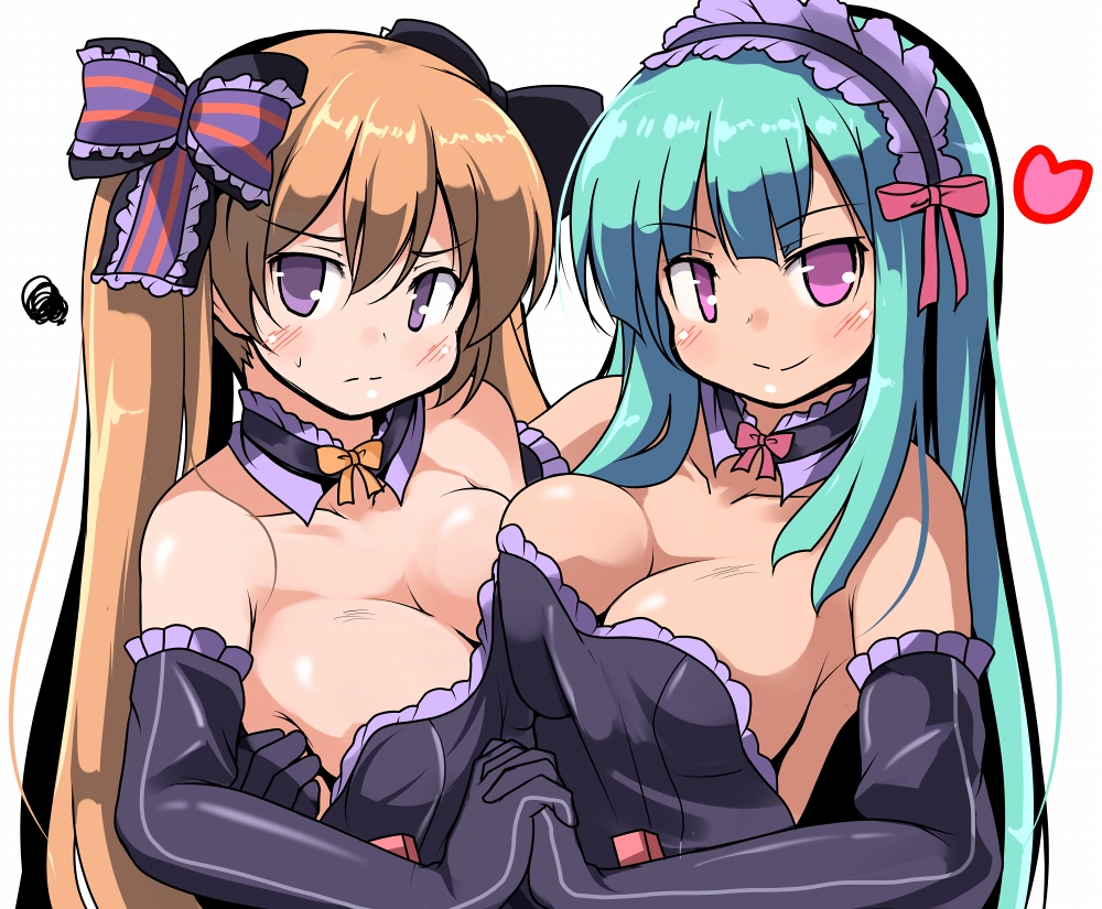 2girls, aqua_hair, bare_shoulders, blonde_hair, blush, breast_press, breasts, cleavage, elbow_gloves, etrian_odyssey, gloves, hair_ribbon, large_breasts, long_hair, looking_at_viewer, maid_headdress, multiple_girls, purple_eyes, reaper_(sekaiju), reaper_2_(sekaiju), reaper_4_(sekaiju), ribbon, sekaiju_no_meikyuu, sekaiju_no_meikyuu_5, smile, symmetrical_docking, tsuzuri_(tuzuri), twintails, upper_body