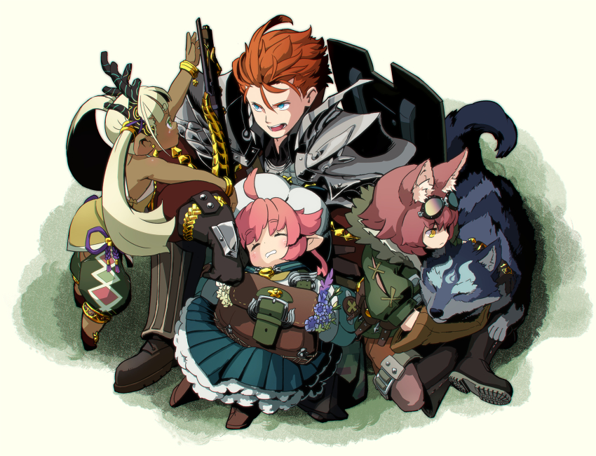 2boys, 2girls, animal_ear_fluff, animal_ears, antlers, armor, bag, blonde_hair, blue_eyes, boots, bracelet, brown_hair, closed_eyes, dragoon_(sekaiju), dragoon_1_(sekaiju), dress, etrian_odyssey, flower, gloves, goggles, goggles_on_head, hat, herbalist_(sekaiju), herbalist_2_(sekaiju), highres, horns, hound_(sekaiju), hound_1_(sekaiju), jewelry, multiple_boys, multiple_girls, pink_hair, reiesu_(reis), sekaiju_no_meikyuu, sekaiju_no_meikyuu_5, shaman_(sekaiju), shaman_2_(sekaiju), shield, sleeping, twintails, wolf, yellow_eyes