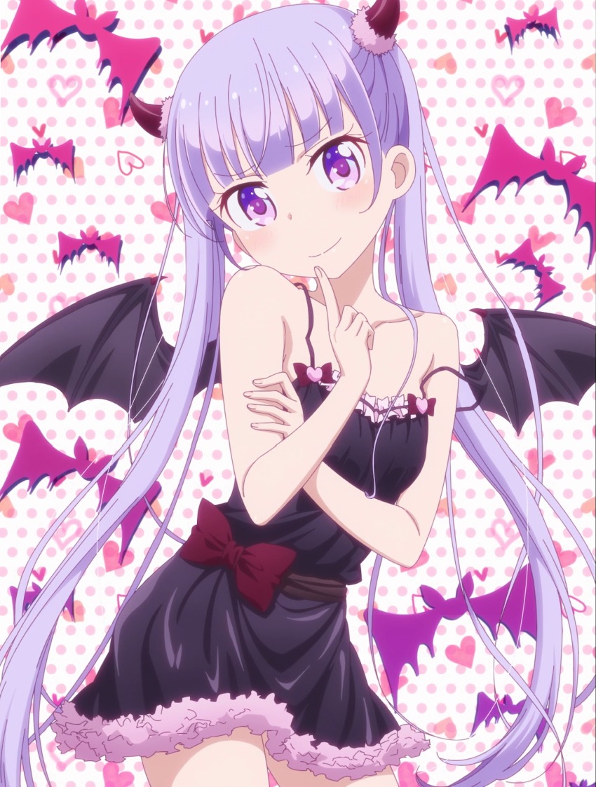 10s, absurdres, bat_wings, bow, highres, horns, lingerie, loose_strap, new_game!, purple_eyes, silver_hair, suzukaze_aoba, twintails, underwear, wings