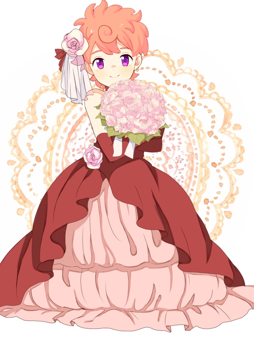 1girl, bad_id, bad_pixiv_id, bare_shoulders, bouquet, dress, elbow_gloves, female_focus