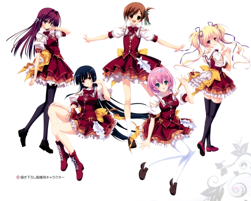 5girls, black_hair, black_legwear, blonde_hair, blue_eyes, brown_eyes, brown_hair, enatsu_ayame