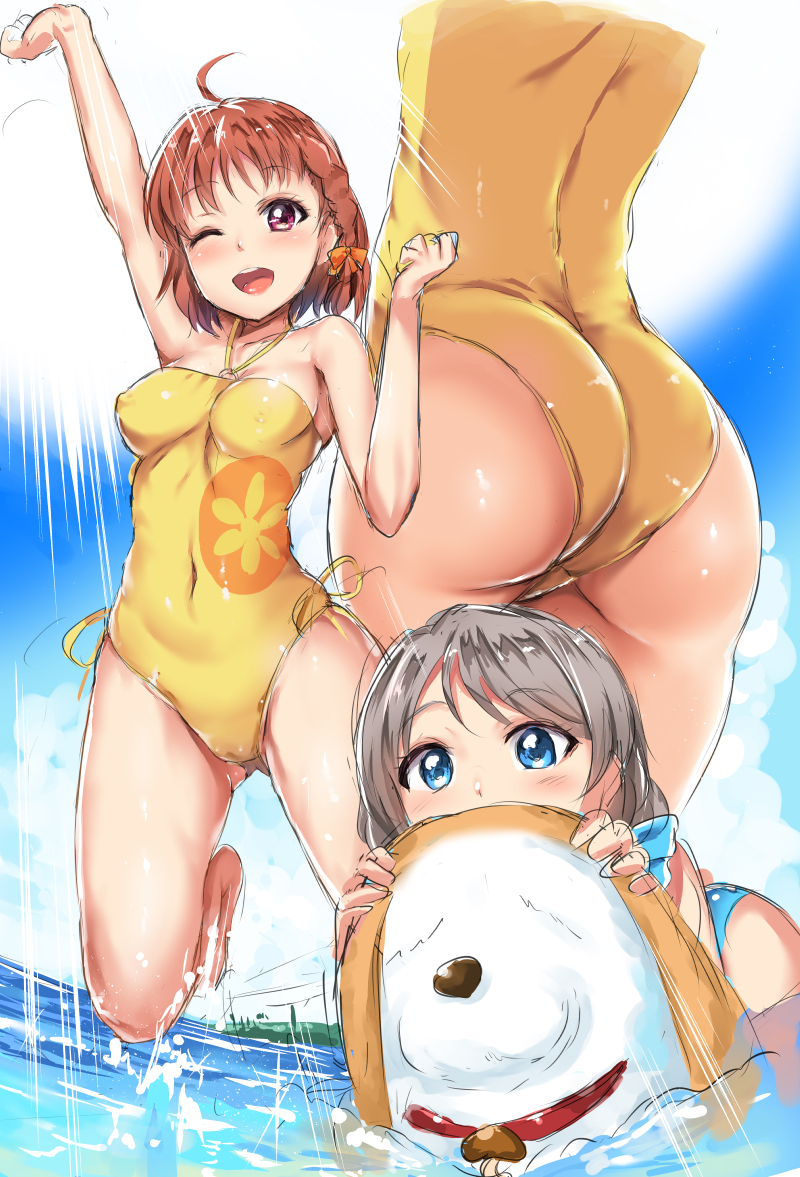 10s, 2girls, ;d, ahoge, animal, animal_collar, arm_up, ass, blue_eyes, blue_sky, blush, breasts, brown_hair, cloud, collar, covered_erect_nipples, covered_navel, day, dog, dutch_angle, hair_ornament, hair_ribbon, jumping, kamishiro_ryuu, love_live!, love_live!_school_idol_festival, love_live!_sunshine!!, medium_breasts, motion_lines, multiple_girls, ocean, one-piece_swimsuit, one_eye_closed, open_mouth, orange_hair, outdoors, red_eyes, ribbon, shiitake_(love_live!), shiny_skin, short_hair, sketch, sky, smile, swimsuit, takami_chika, watanabe_you, water
