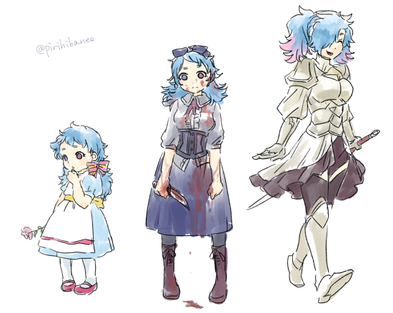 1girl, age_progression, armor, blood, blood_on_clothes, bloody_knife, blue_hair, bow, child, dress, fire_emblem, fire_emblem_fates, flower, hair_bow, hair_over_one_eye, heterochromia, holding, holding_flower, holding_knife, holding_sword, holding_weapon, knife, long_hair, multicolored_hair, multiple_persona, multiple_views, nintendo, peri_(fire_emblem), pink_hair, pirihiba, red_eyes, spoilers, sword, twitter_username, two-tone_hair, weapon, aged_down
